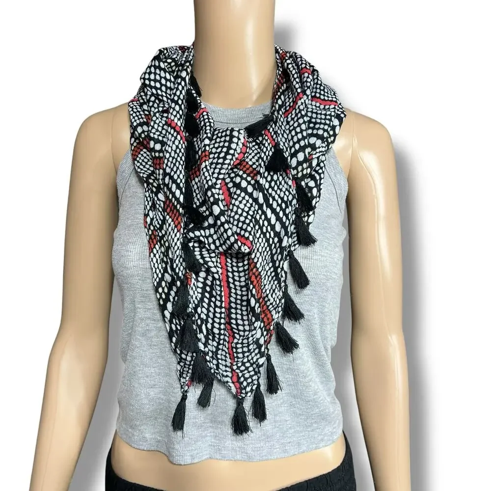 Womens Infinity Scarf with Tassels Black White Red Lightweight and Soft